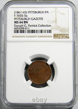 1861-65 PA Pittsburgh Gazette Civil War Token NGC MS 64 BN R-9 (21-6)