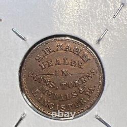 1861 Civil war token, Lancaster Pennsylvania, S. H Zahn, Coin dealer, Scarce
