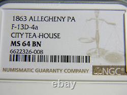 Allegheny City PA, 1863 City Tea House Civil War Token NGC MS 64 BN R-7