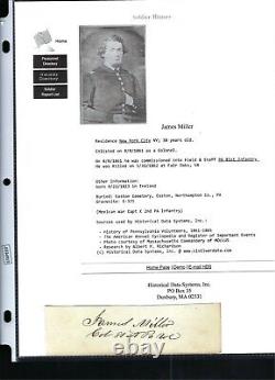 Civil War Autograph of Colonel James Miller 81st Pa Vols, KIA Fair Oaks 1862