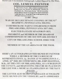 WAR 1812 COLONEL 93rd PA SENATOR & NAVY SECRETARY SIGNED PRE CIVIL WAR LETTER