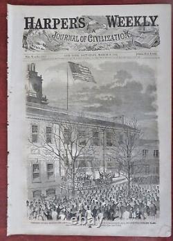 Abe Lincoln élevant le drapeau à Philadelphie sous le nouveau dôme du Capitole en 1861 - La guerre civile dans Harper's.