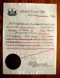 Guerre Civile Antietam Pennsylvanie 1862 Certificat de Bénévole