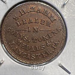 Jeton de la guerre civile de 1861, Lancaster en Pennsylvanie, S. H Zahn, Marchand de pièces de monnaie, rare