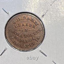 Jeton de la guerre civile de 1861, Lancaster en Pennsylvanie, S. H Zahn, Marchand de pièces de monnaie, rare